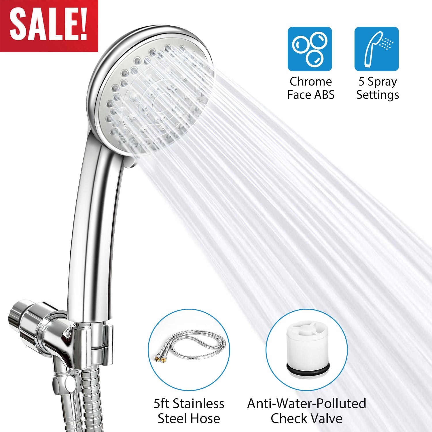 iMounTEK Handheld Shower Head Stainless High Pressure 5 Spray Settings Massage Spa Showerhead Chrome Face with Check Valve 5ft Steel Hose Adjustable A