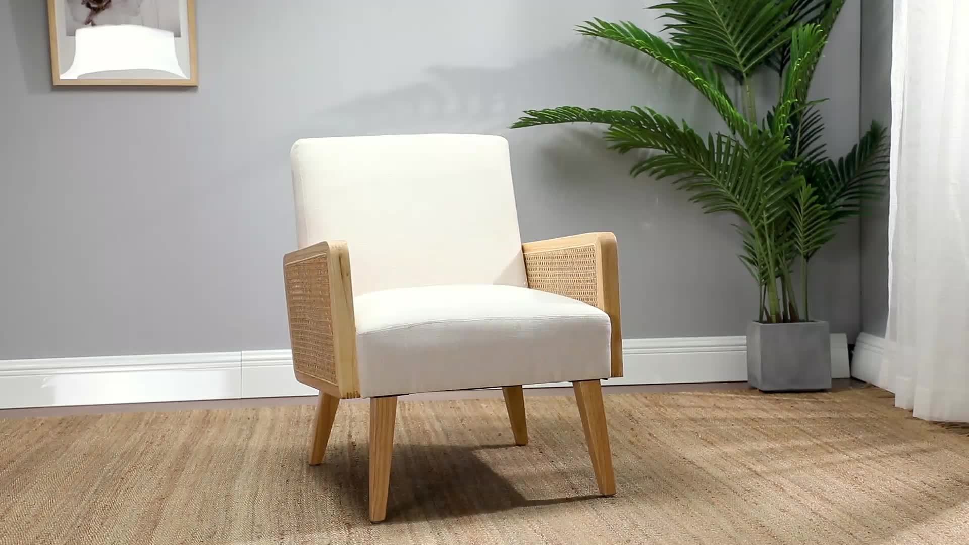 Beige Mid-Century Modern Accent Chair with Rattan Armrests & Wood Legs – Ergonomic Upholstered Lounge Chair for Living Room, Bedroom, or Hosting Spaces, Lightweight & Comfortable Design, Chair Furniture 