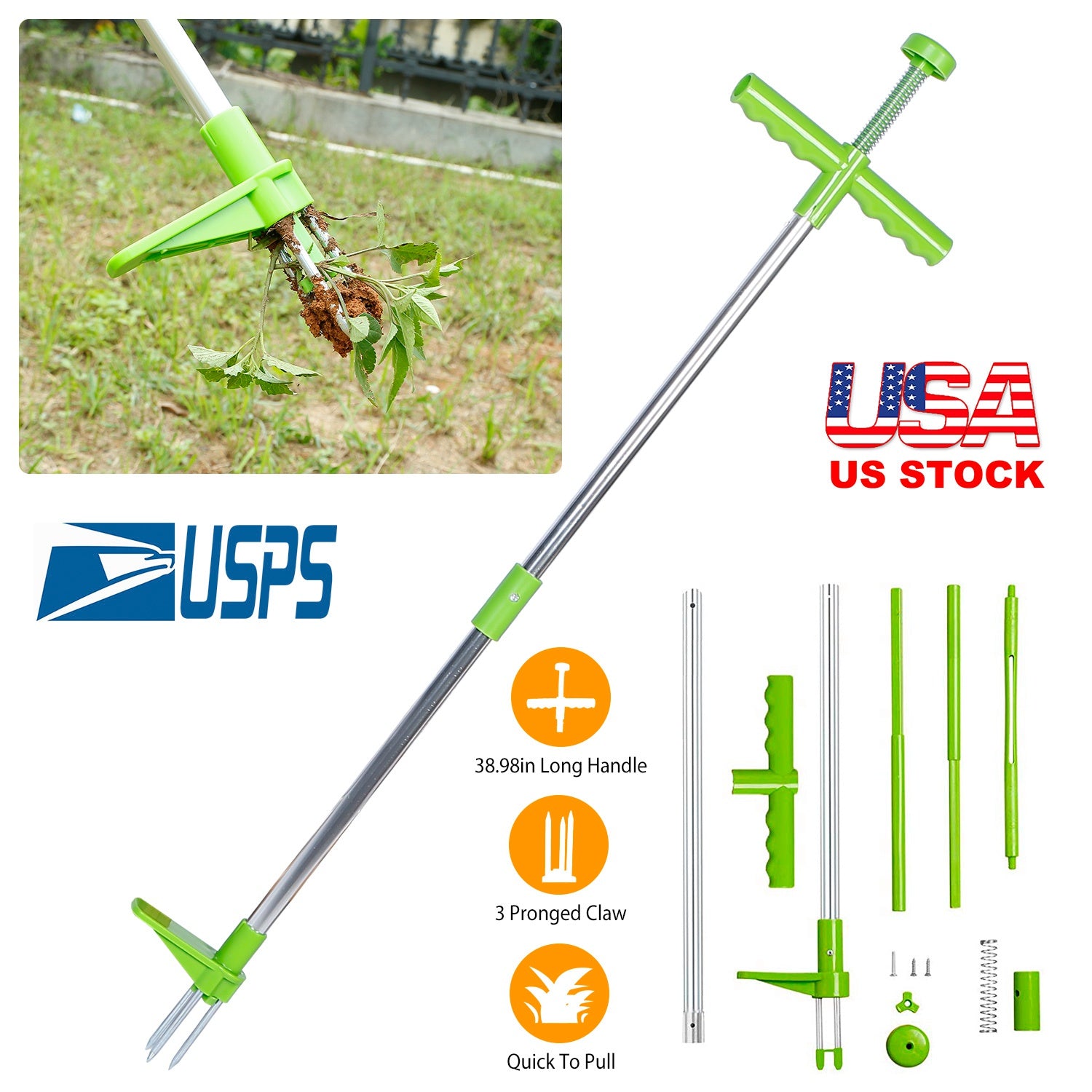 Weed Puller Twister Stand Up Root Removal Hand Tool 3 Claws Aluminum Grass Manual Remover 38.98in Long Handle w/ Foot Pedal