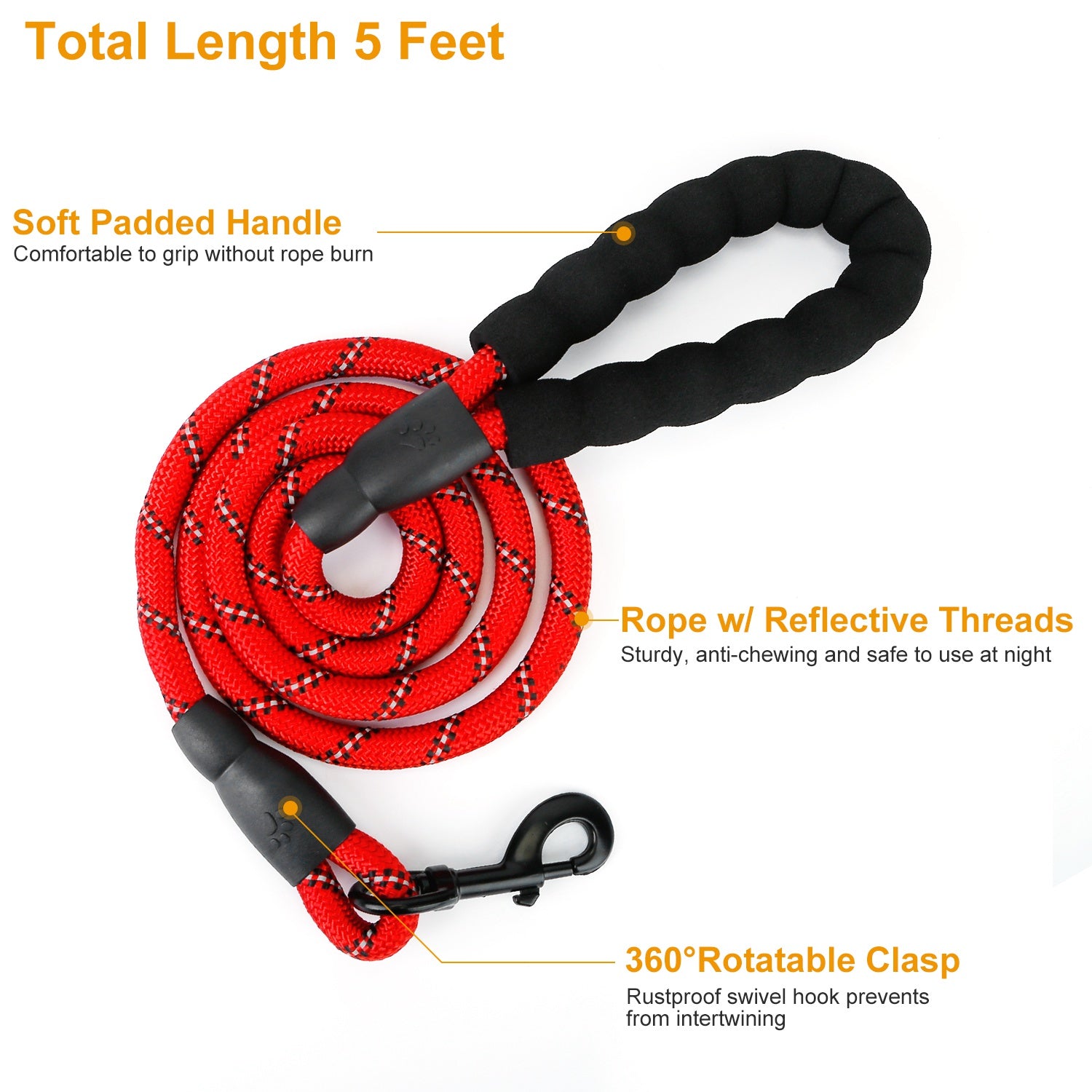 5FT Dog Leash Dog Training Walking Lead w/ Foam Handle Highly Reflective Treads Strong Nylon Dog Rope For Small Medium Dogs