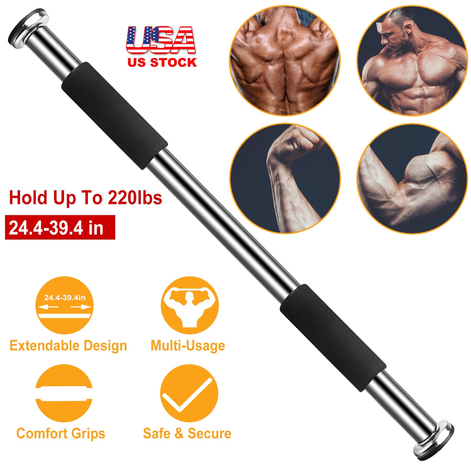 Doorway Pull Up Bar Exercise Gym Chin up Bar With Screws 24.4 To 39.4 Inches Adjustable Comfort Foam Grips For Door Home Exercise Workout Training Fit 