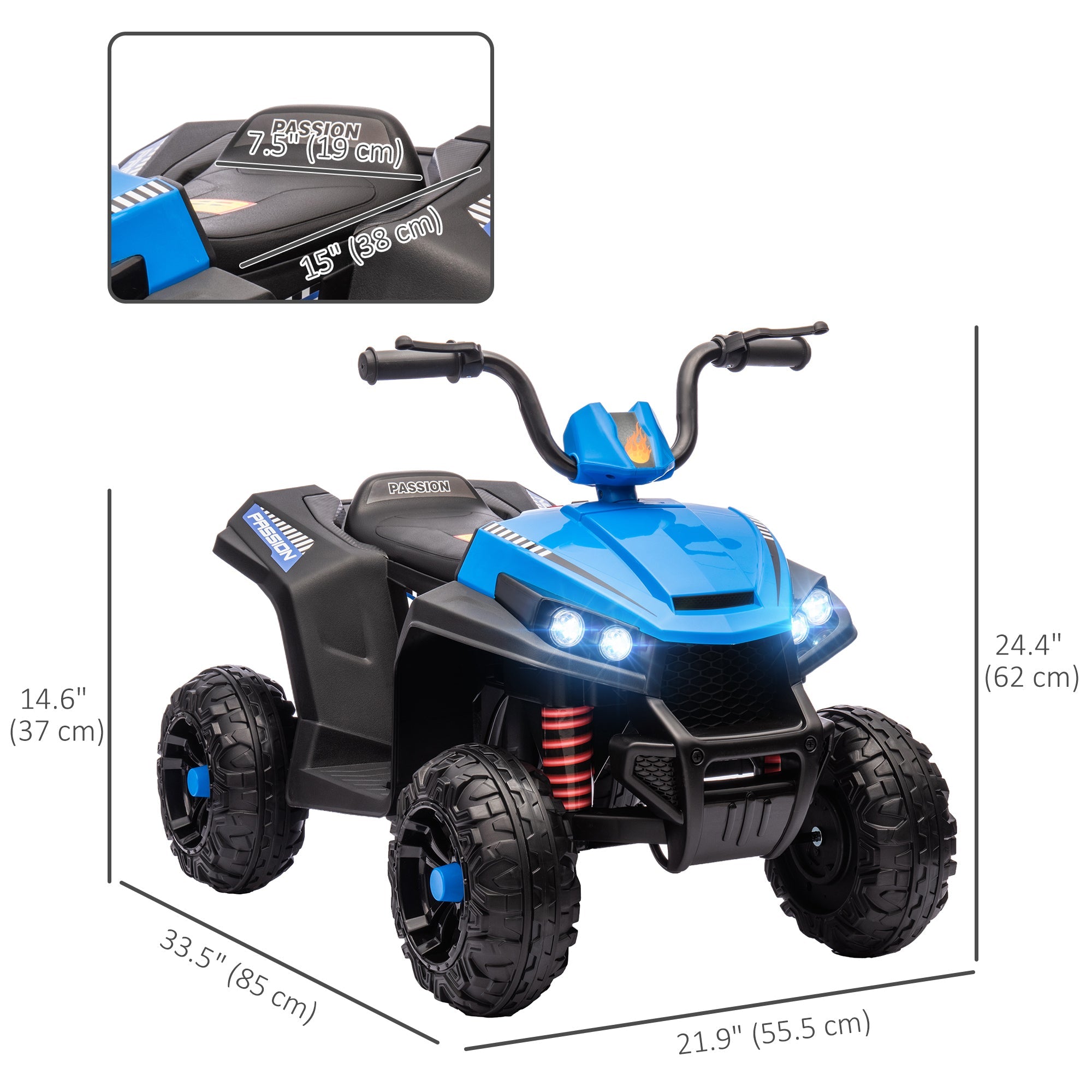Qaba 12V Kids ATV with Four Wheels Spring Suspension, Forward & Backward, LED Light, MP3, Music, Blue 