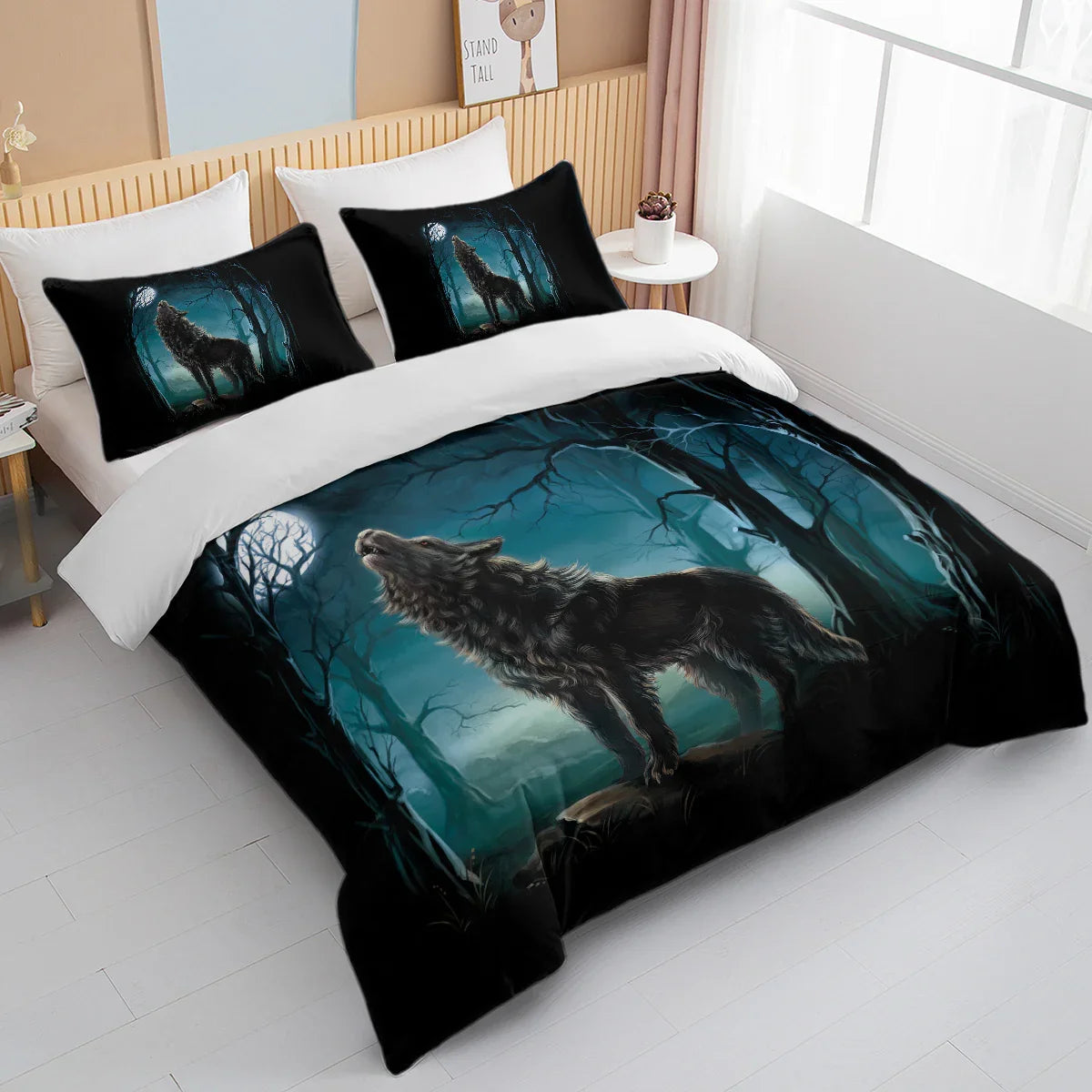 Moon Wolf Bedding Green Watercolor Forest Wolf Landscape Duvet Cover Sets 3 Pieces Wild Animal Bedding Set Twin Full Queen King Size 