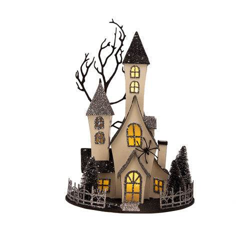 10x8.3x13.5 Cardboard Lighted Haunted House, Black Beige Tabletop Holiday Halloween Decor, Battery Powered 