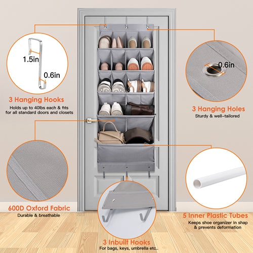 16 Pockets Over The Door Shoe Organizer 5 Tier Shoe Rack for Door with 6 Hooks Behind Door Hanging Storage Shelf for Shoes Toys Towels Bags Bedroom Ba