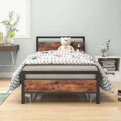 Metal Bed Frame Twin Size with Wood Headboard,Platform Bed Frame Twin No Box Spring Needed,Sturdy Reinforced Steel Slat,Rustic Brown