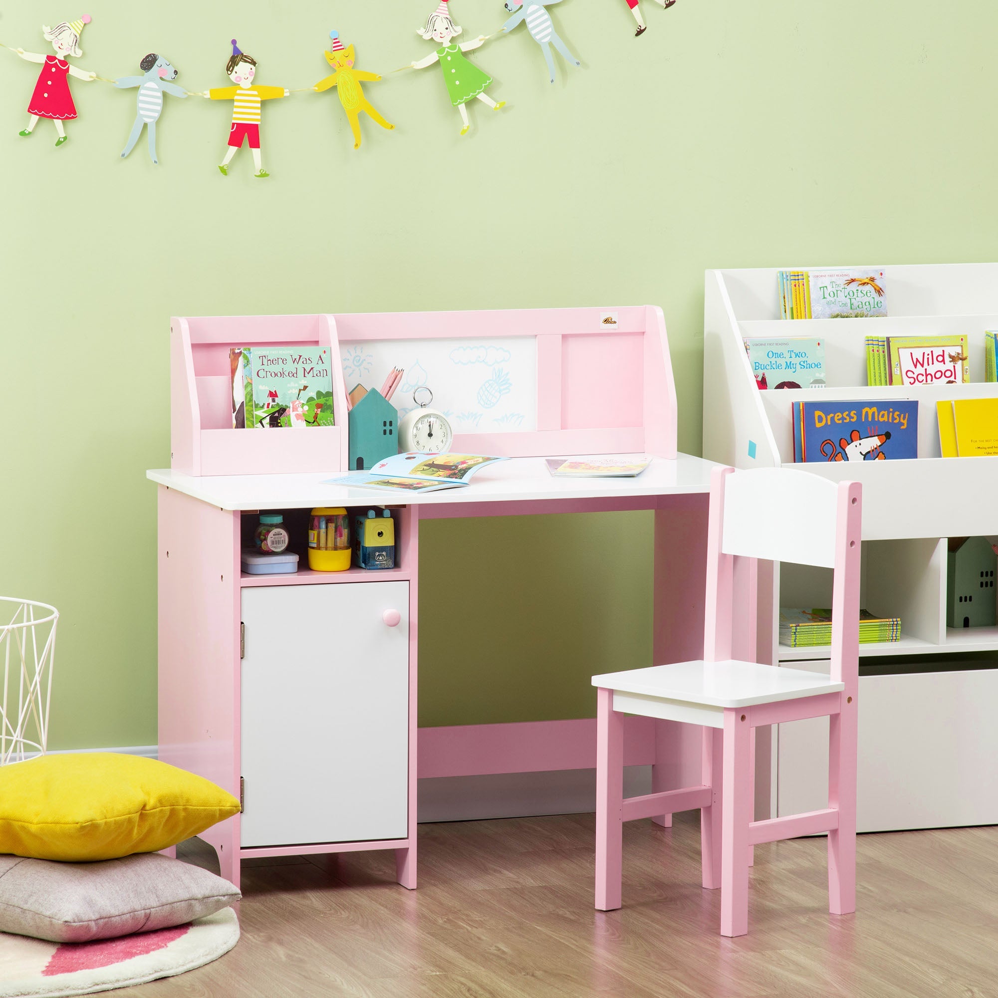 Qaba Kids Table Chair Set with Whiteboard 2 Pieces Toddler Multi-usage Furniture Ideal for Arts 