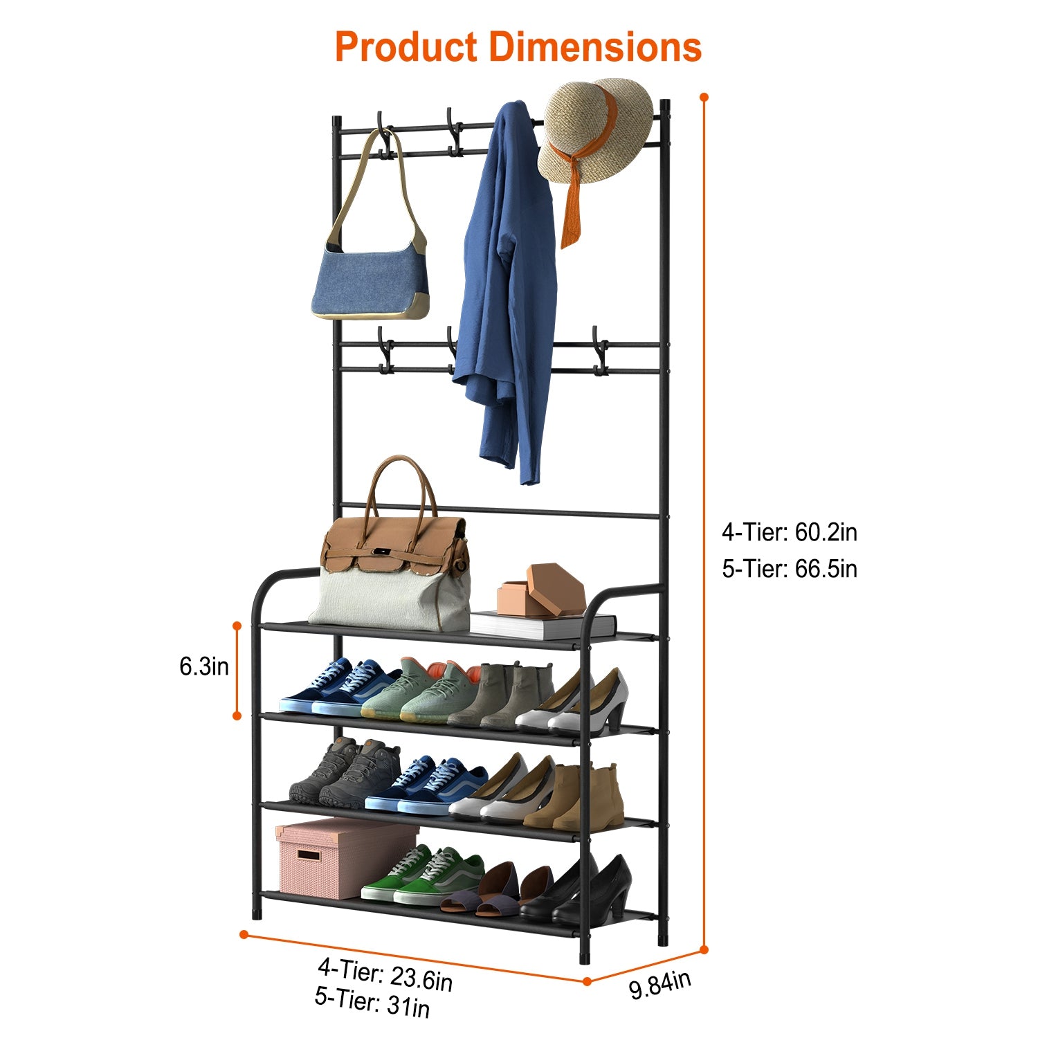 Entryway Coat Hat Rack Shoe Storage Shelf 4 Tier Shoe Rack Freestanding Hall Tree Garment Hanger Stand Clothes Shoe Organizer Combo 