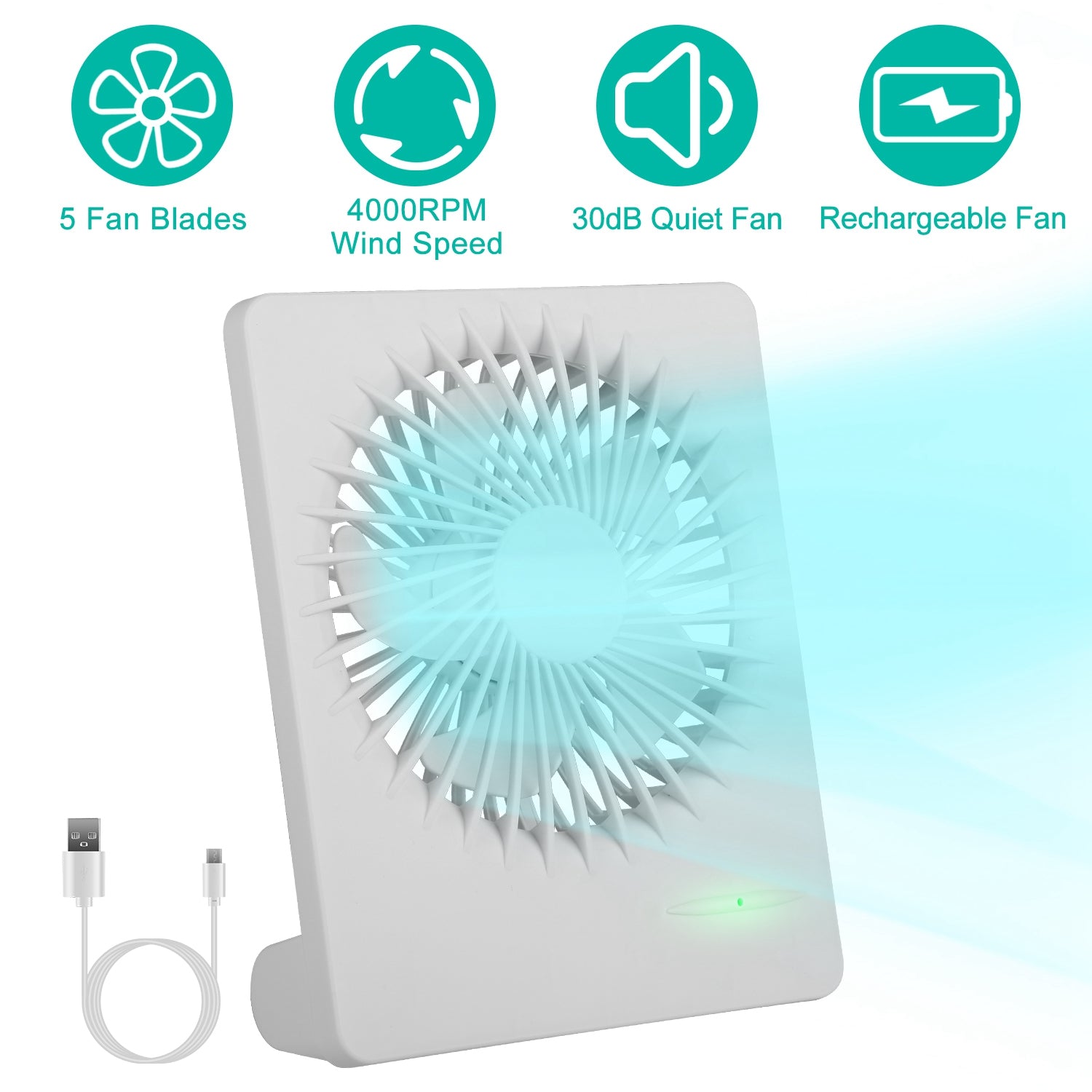 Portable Desk Fan USB Rechargeable Table Cooling Fan Quiet 5 Blades Desktop Fan with 3 Speeds Ajustment for Bedroom Office