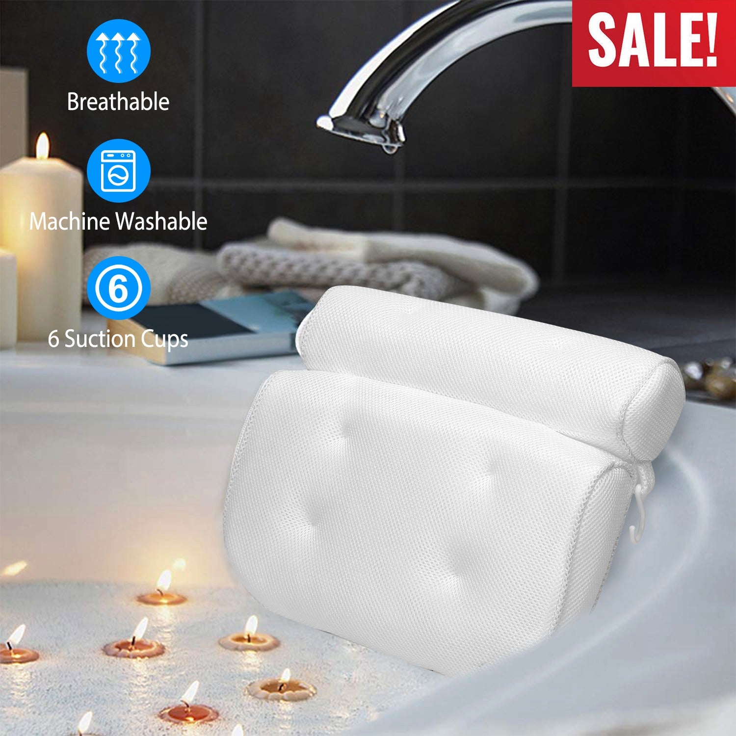 Bathtub Pillow Suction Cup Bath Pillow Air Mesh Breathable Spa Bath Pillow Neck Head Support