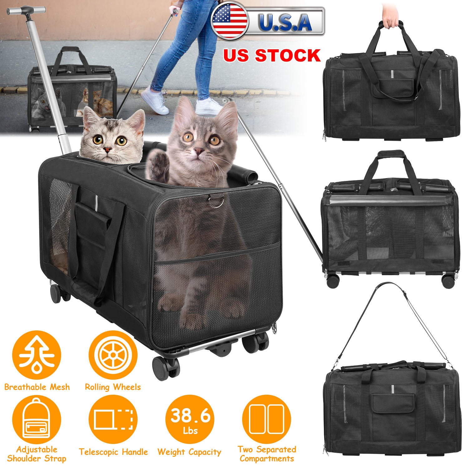 Double-Compartment Pet Rolling Carrier Cat Dog Rolling Carrier with Detachable Wheels Telescopic Handle Adjustable Shoulder Strap