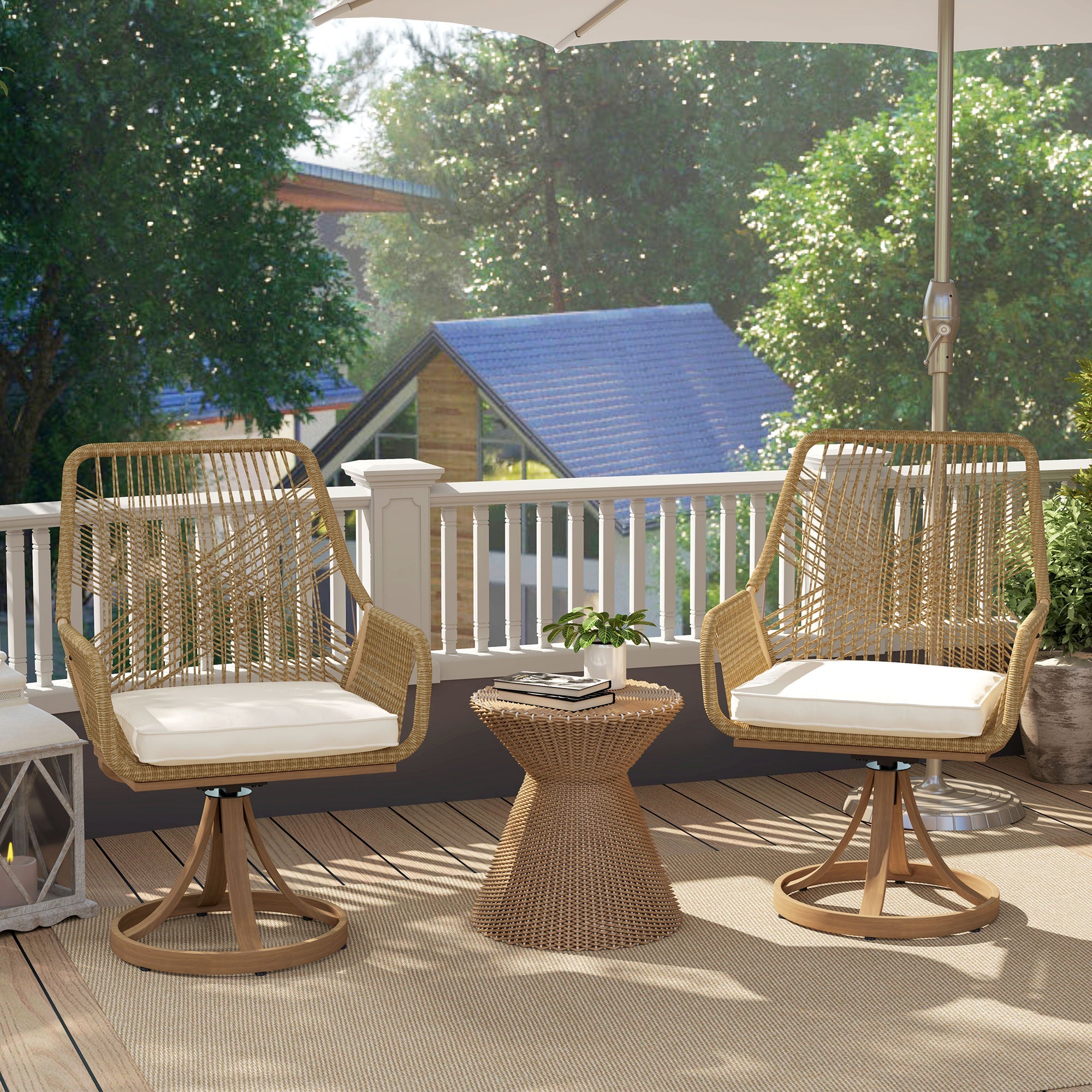 Outsunny Outdoor Swivel Dining Chairs Set of 2, Patio Rattan Chairs with Soft Cushions for Garden, Backyard, Poolside, Khaki 