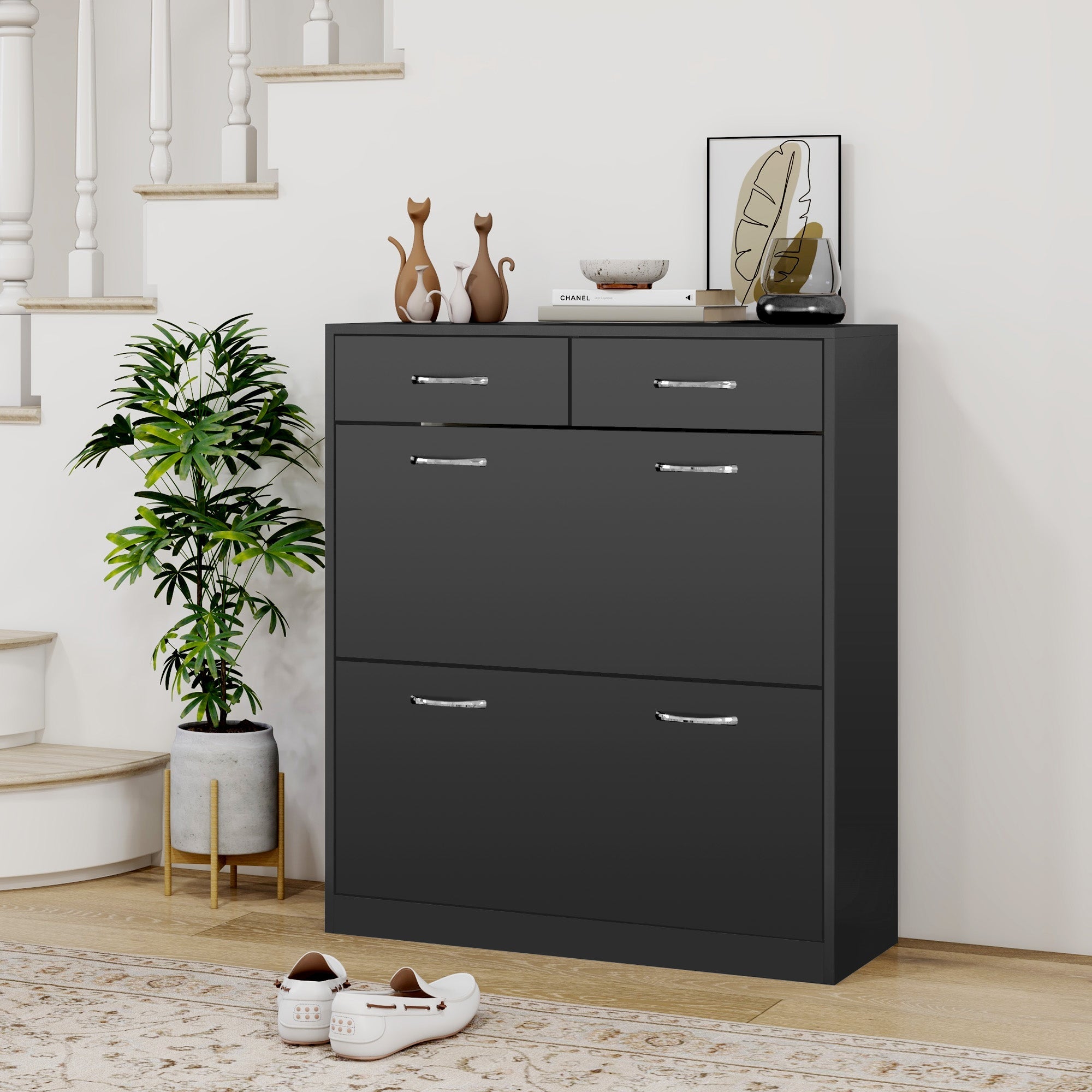 HOMCOM Shoe Storage Cabinet 12 Pairs Adjustable Shelves 2 Drawers Space Saving Compact Black 