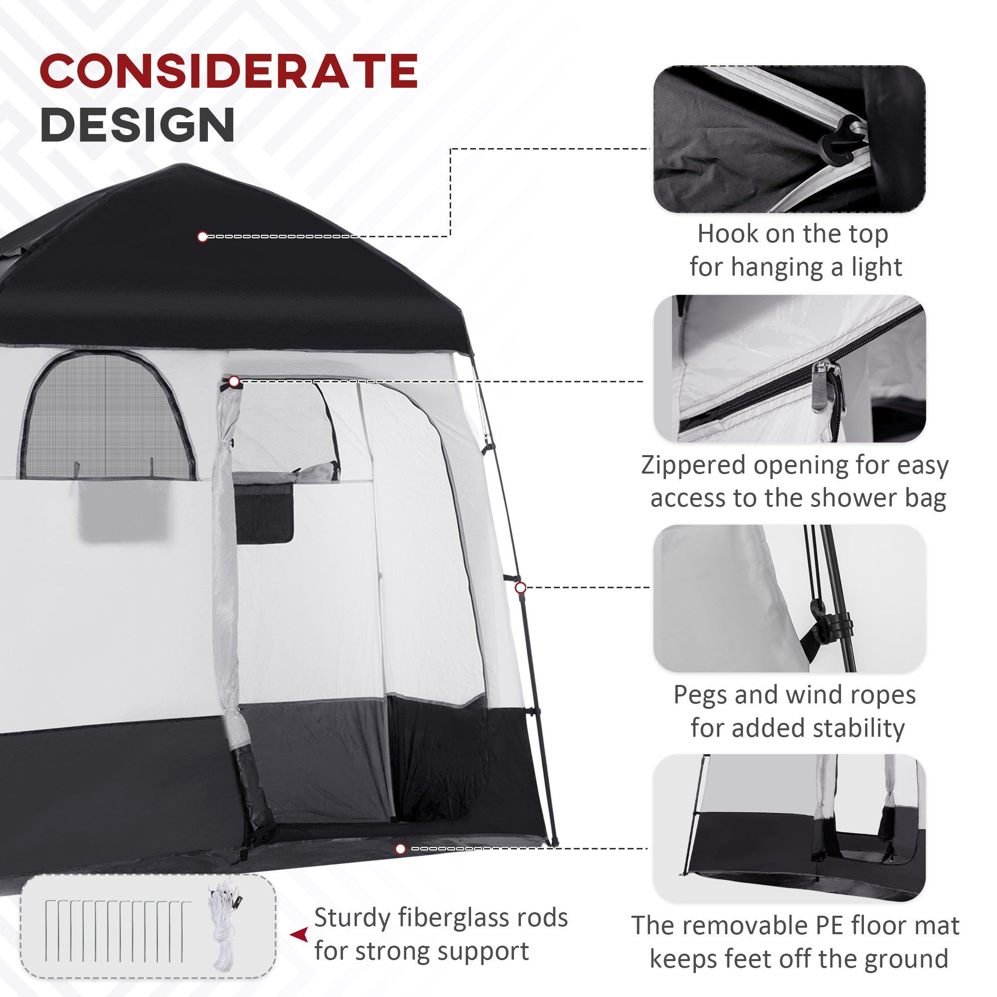 Outsunny Outdoor Portable Pop Up Shower Tent Changing Tent Privacy Enclosure with 2 Rooms, Shower Bag, Floor for Camping, Black 
