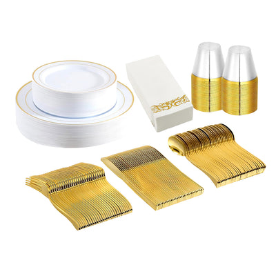 175Pcs Disposable Gold Dinnerware Set Gold Rim Plastic Plates Cups Fork Spoon Knife Paper Napkins for Party Wedding Graduation 
