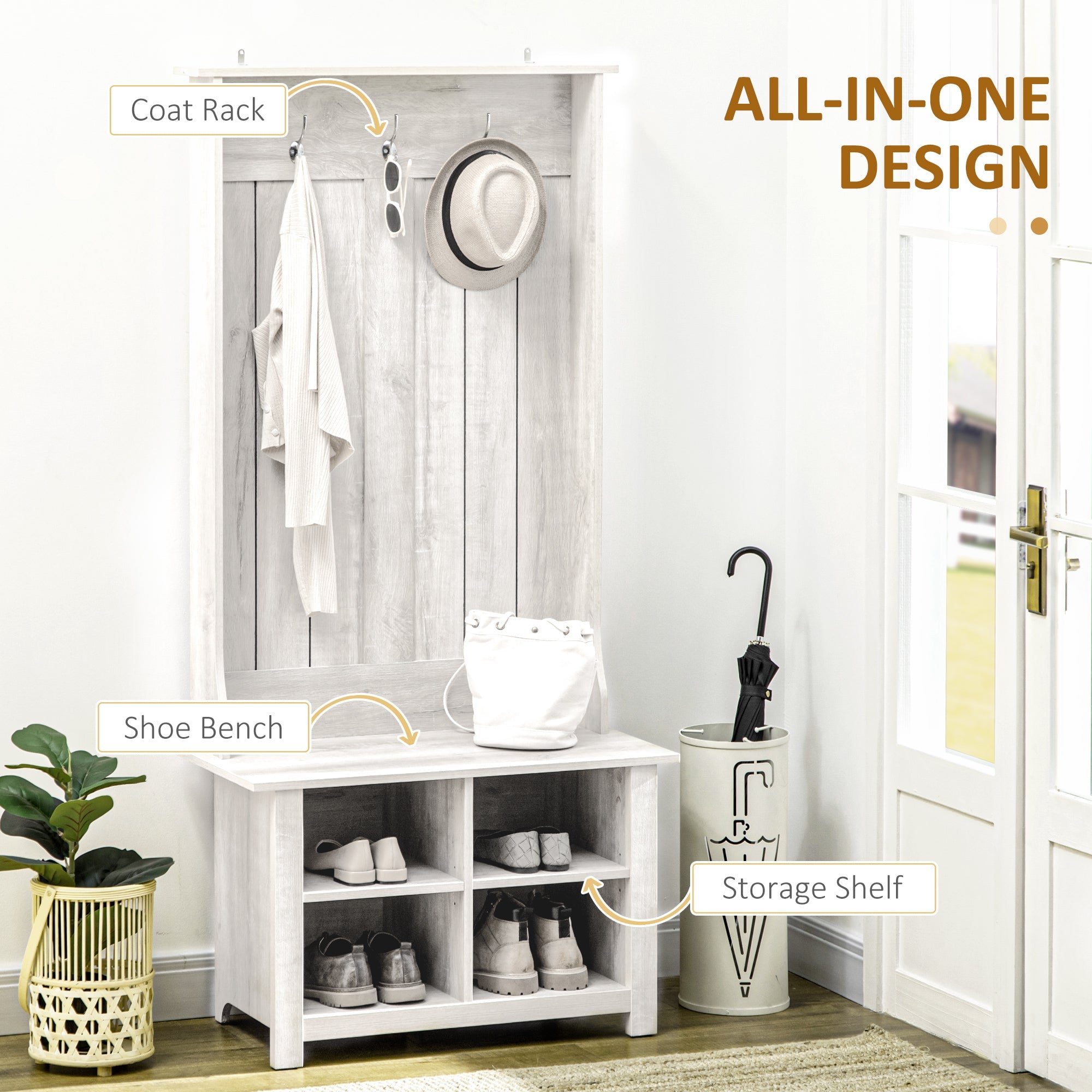 HOMCOM Hall Tree Coat and Shoe Storage Bench with Adjustable Shelves Entryway Organizer, White Finish 