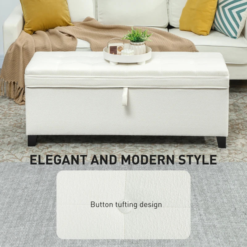 Storage Ottoman Bench, Foot Rest with Safety Hinges, 47 Inches Linen Storage Chest for Living Room, Cream White