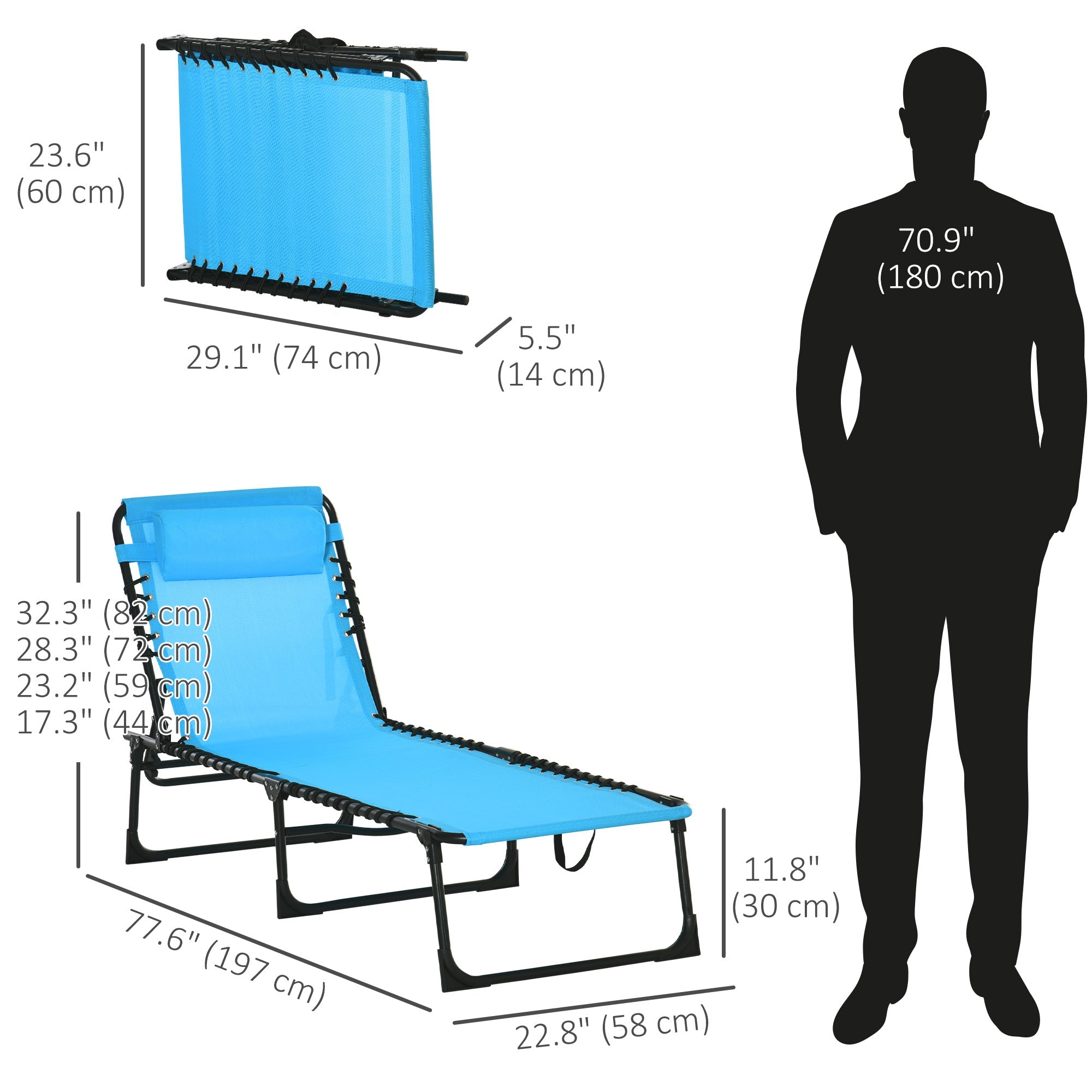 Outsunny Adjustable Folding Beach Bed 4-Level Reclining Lounger Lightweight Portable Camping Sky Blue 