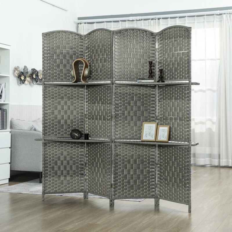 6 FT Privacy Screen, 4 Panel Room Divider with Shelves for Living Room Bedroom Home Office, Grey