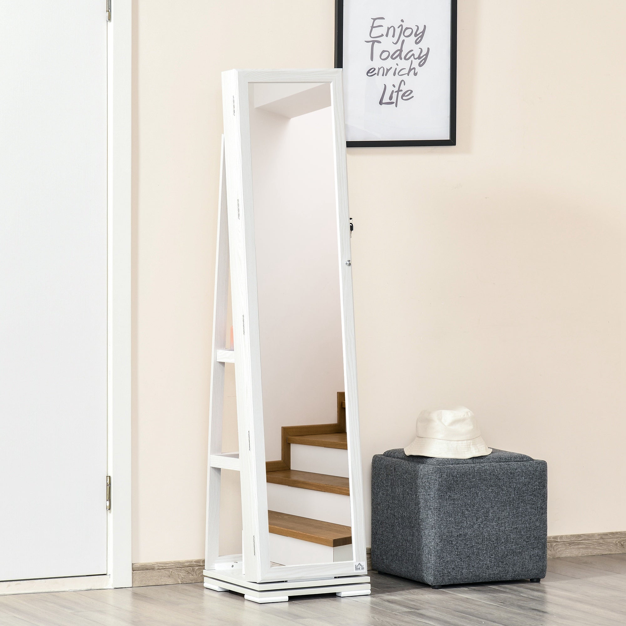 HOMCOM 360 Swivel Jewelry Cabinet with Full Length Mirror Lockable Organizer White 