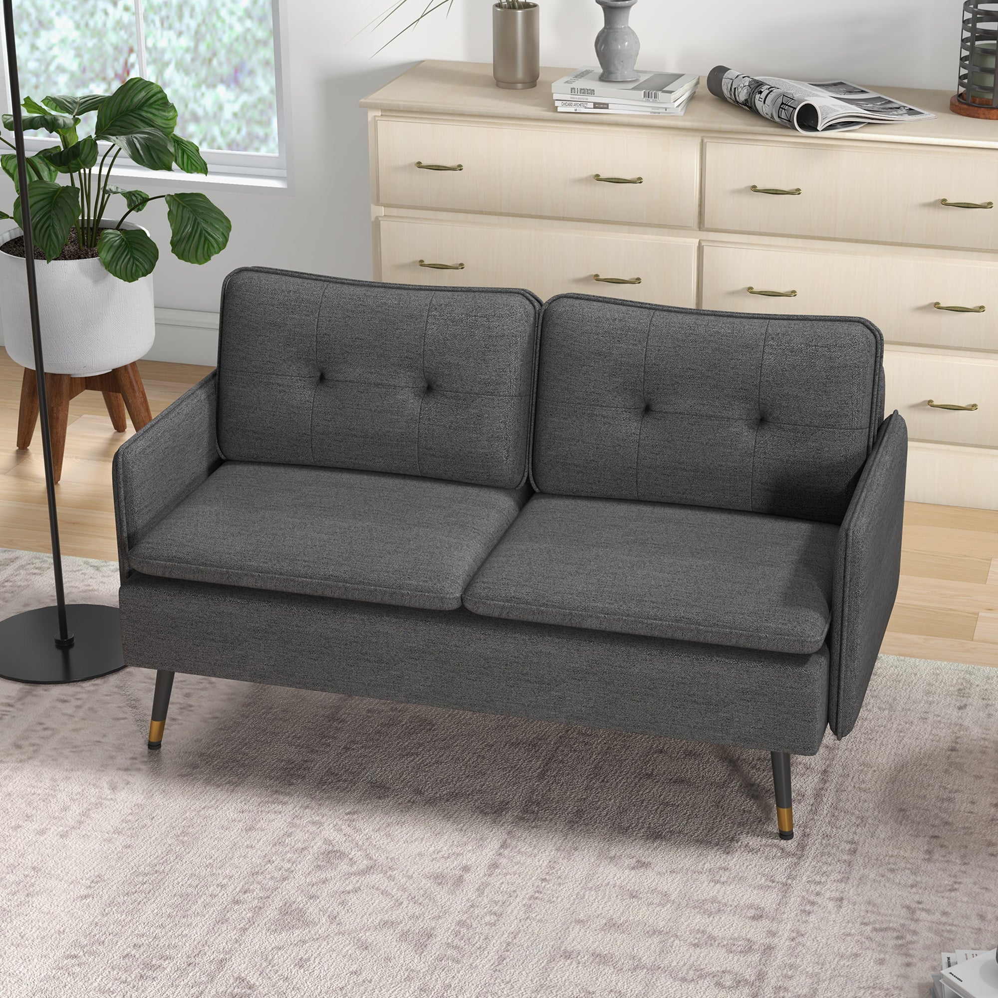 HOMCOM Modern 55" Fabric Loveseat Sofa Button Tufted Back Steel Legs Bedroom Living Room Dark Grey 