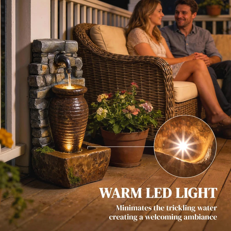 Outdoor Water Fountain Adjustable Water Flow Garden Fountain with LED Lights Rustic Urn Design