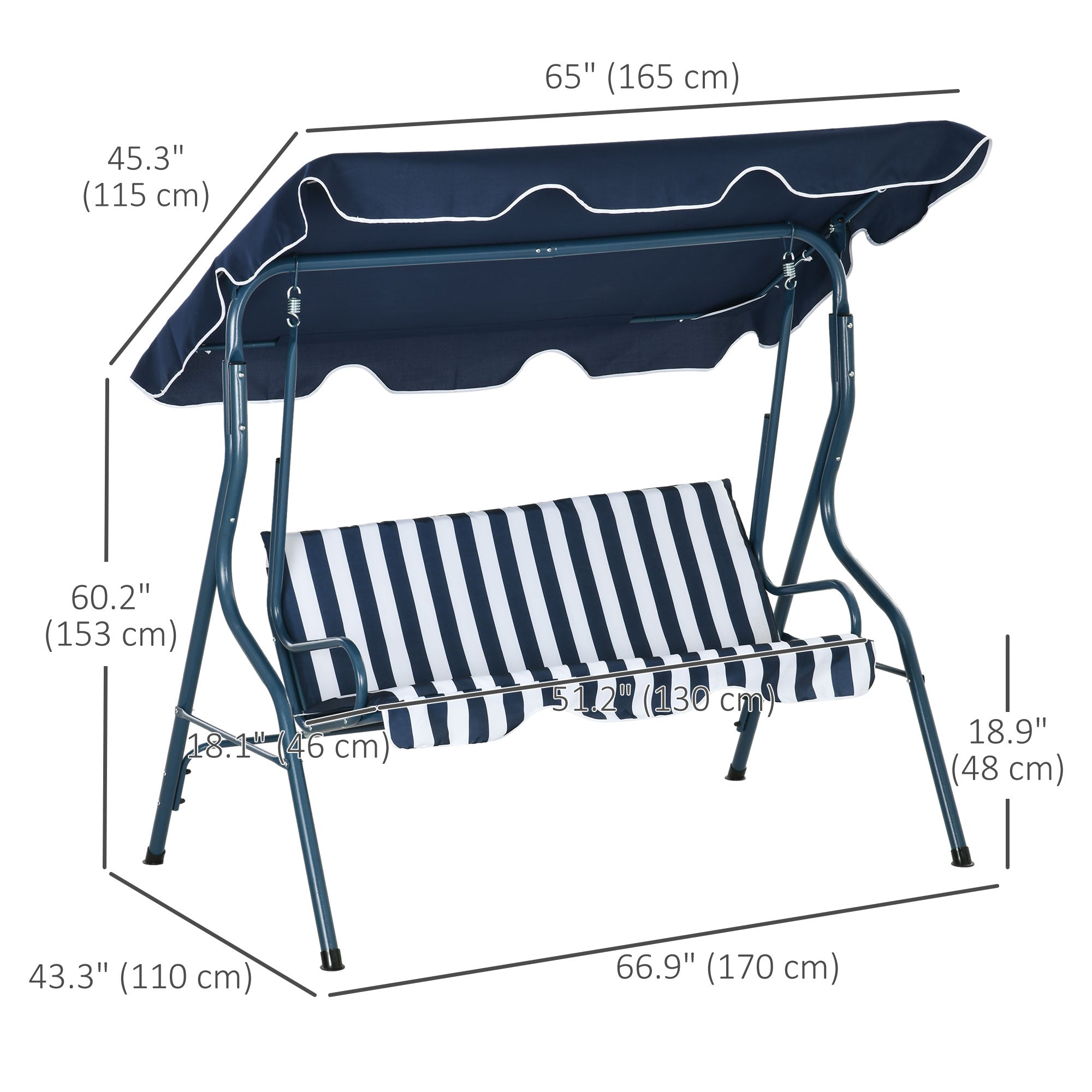 Outsunny 3-Seater Patio Swing Chair Outdoor Porch Swing with Adjustable Canopy Cushion Blue 