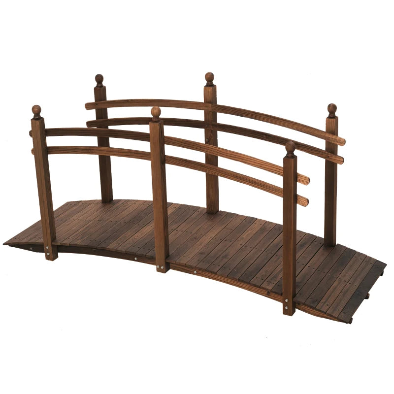 7.5' Fir Wood Garden Bridge Arc Walkway with Side Railings, for Backyards, Gardens, & Streams, Tan