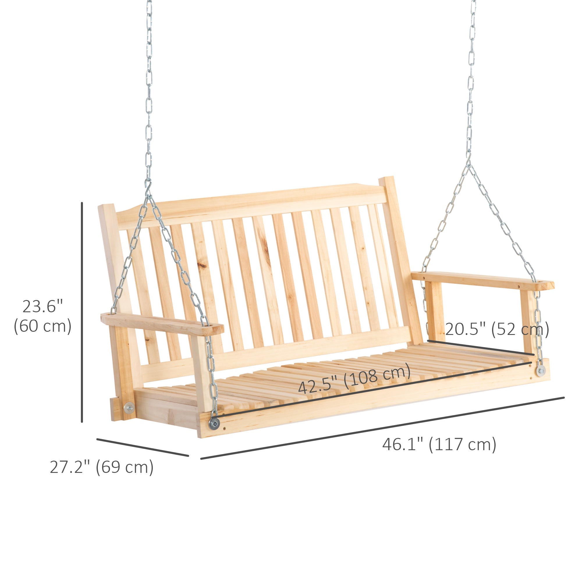 Outsunny Patio Swing Bench: 2-Person Natural Wood Design with Adjustable Hanging Chains 
