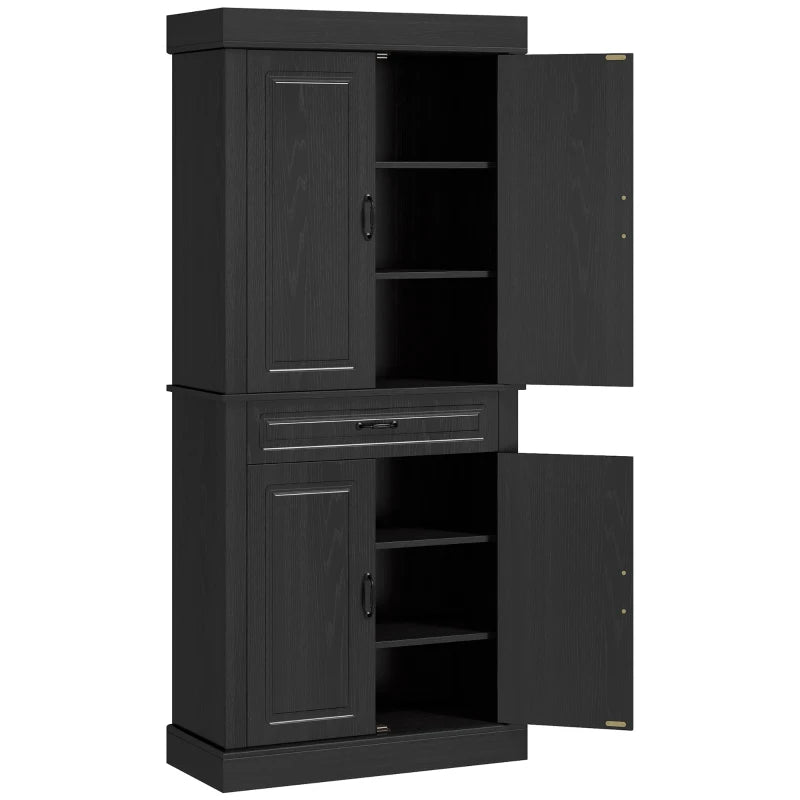 71" Freestanding Kitchen Pantry with 4 Doors and 2 Cabinets, Tall Storage Cabinet for Kitchen, Distressed Black