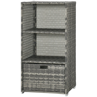 Outsunny Outdoor Storage Cabinet, Patio Storage Box Rack Rattan Wicker w/ 2 Shelf 1 Drawer Garden, Mixed Grey 
