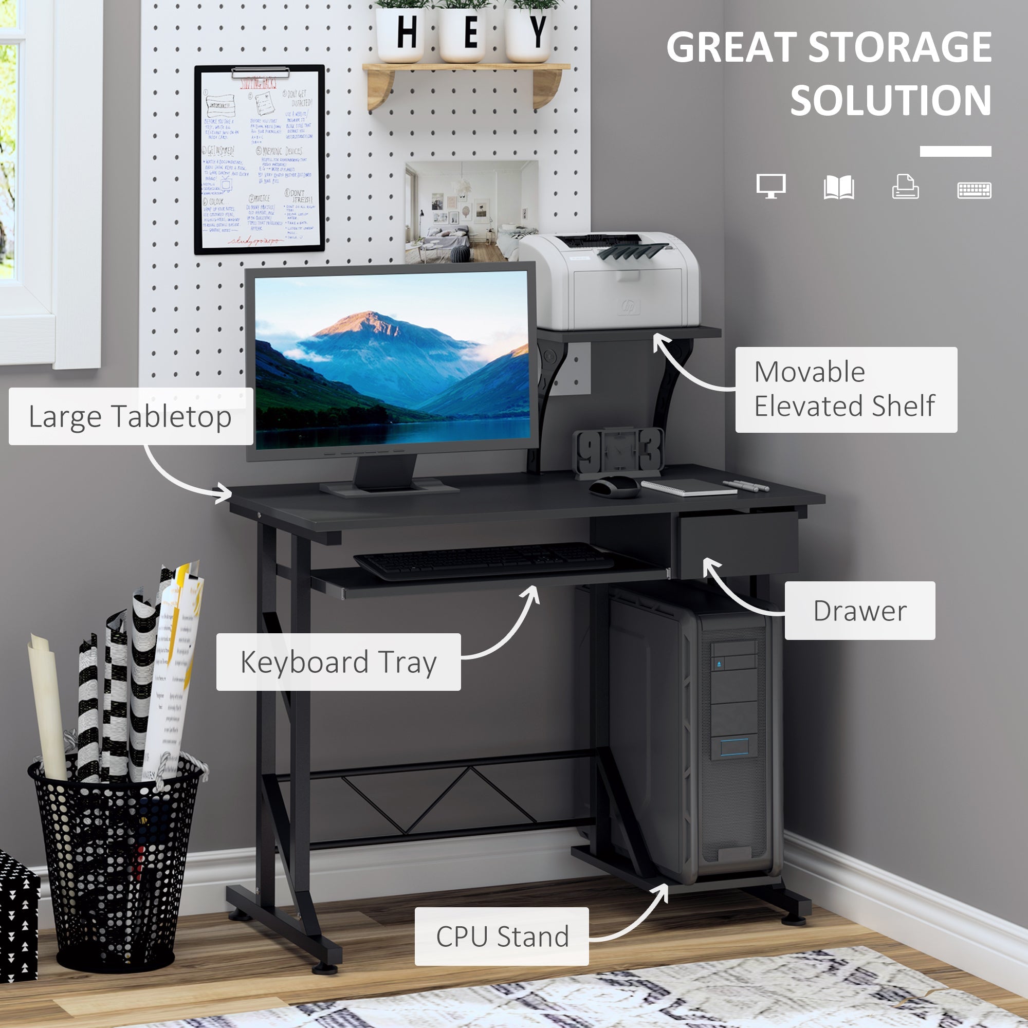 HOMCOM Compact Computer Desk with Keyboard Tray & Drawer in Black 35.4"Lx19.7"Wx37.4"H 