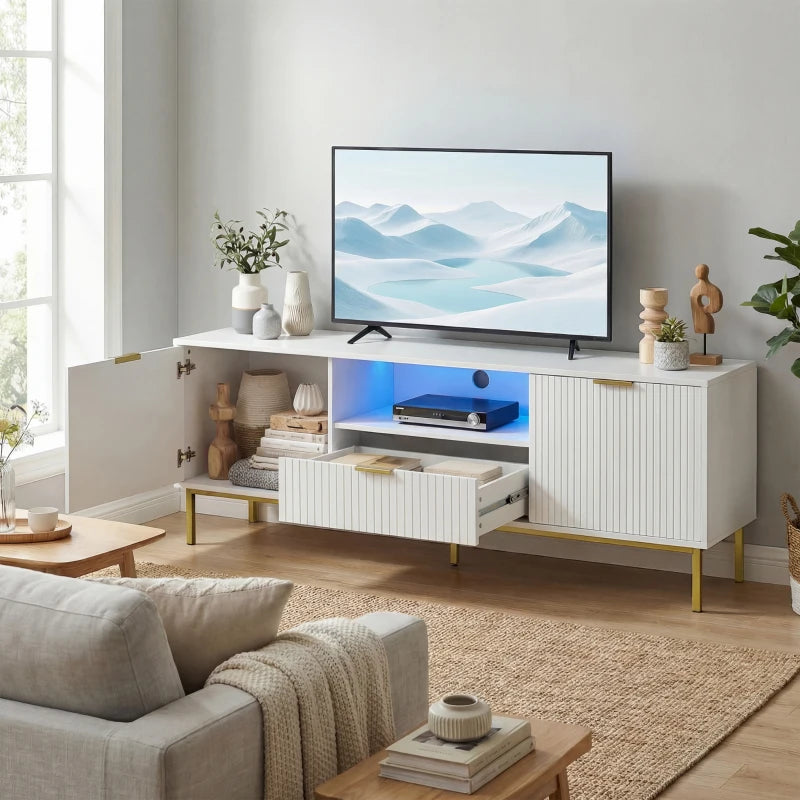 Modern TV Console for TVs up to 60 Inch, Entertainment Center with Smart RGB LED Lights and Soft Close Doors, White