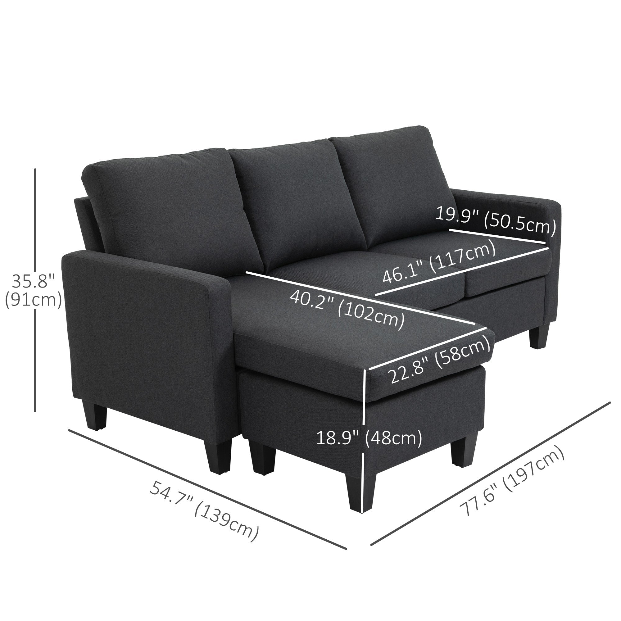 HOMCOM L Shape Sofa Modern Sectional Couch Reversible Ottoman Convertible Corner Sofa Living Room Dark Grey 
