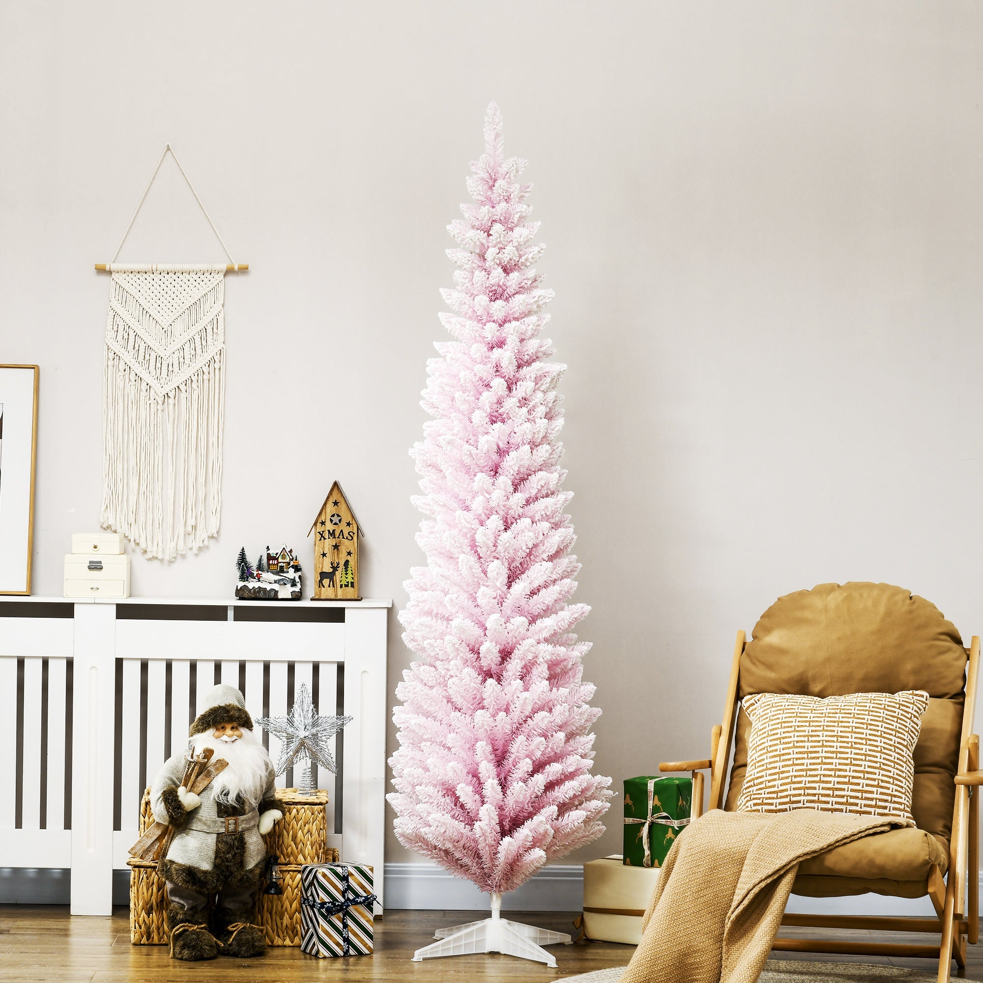 HOMCOM 7ft Flocked Christmas Tree, Pencil Artificial Christmas Tree with Realistic Branches, Pink 