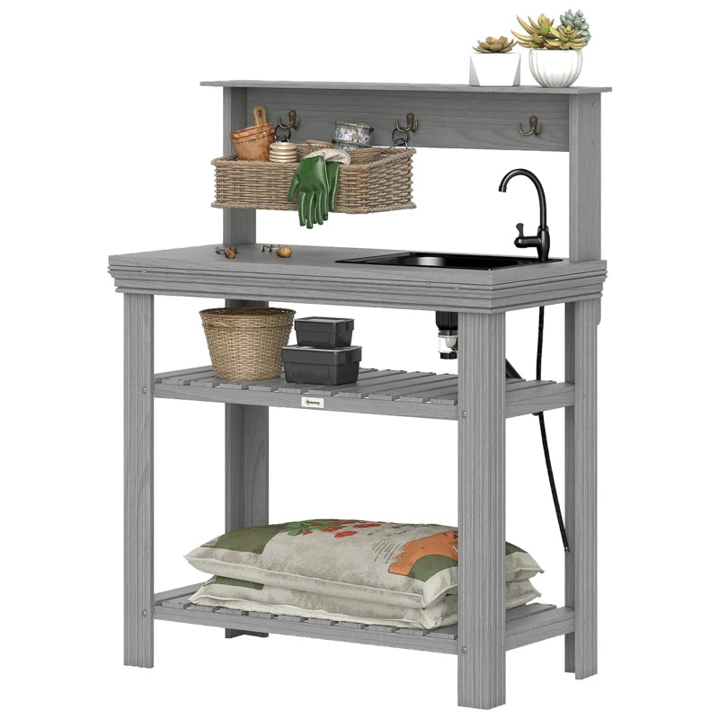 Outdoor Potting Bench Table with Faucet, Removable Sink, Hooks and Storage Shelves, Wood Work Bench Workstation, Grey