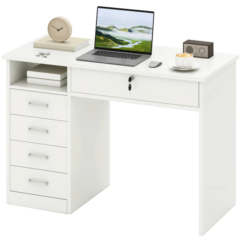 Home Office Desk with Storage, Computer Desk with Lockable Drawer and Open Compartment, White