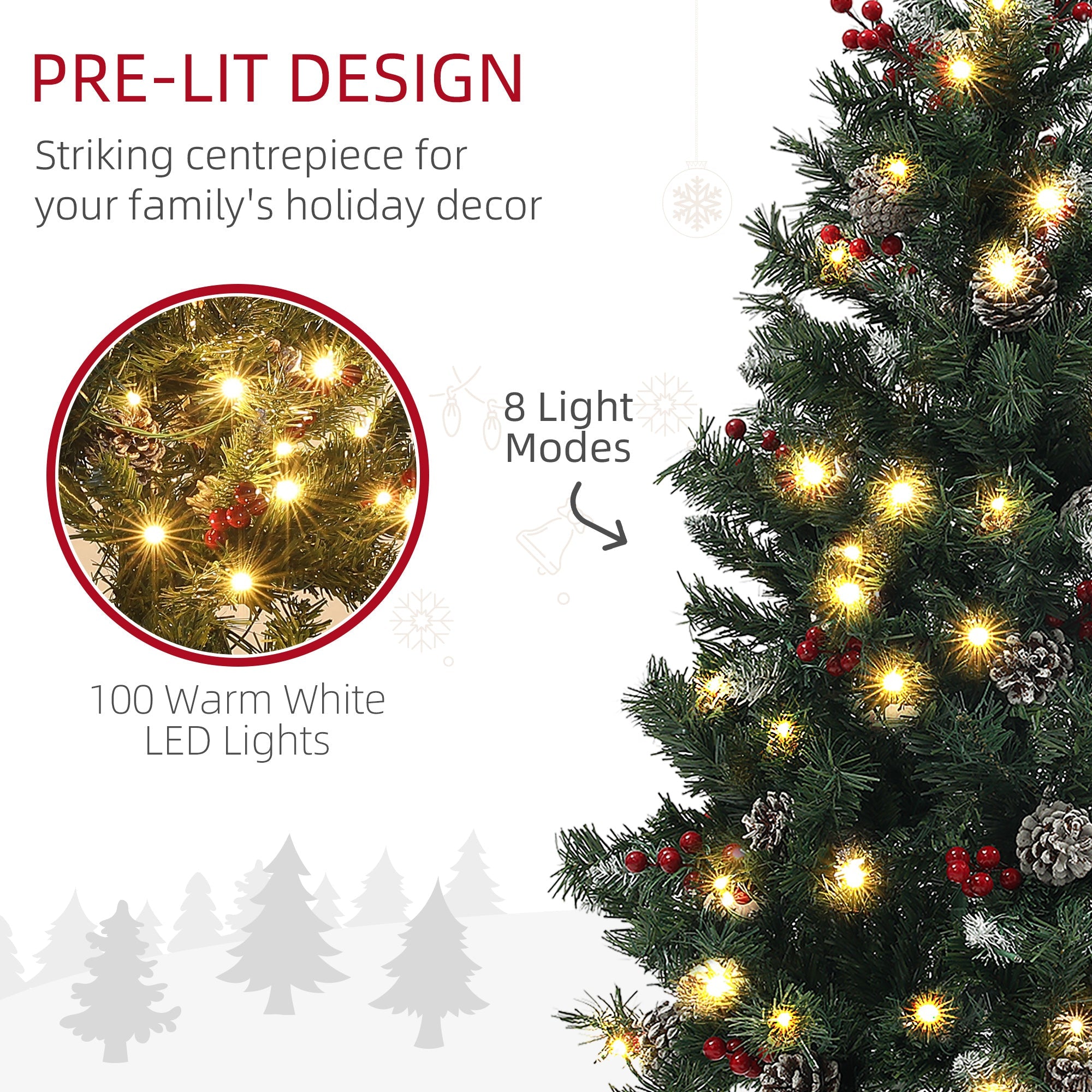 HOMCOM 4FT Pre-Lit Decorated Christmas Tree with Red Berries and Pine Cones Snow Flocked Christmas Tree with LED Lights Green 
