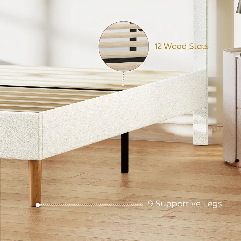 King Size Bed Frame with Adjustable Headboard Upholstered Platform Bed Frame with Wood Slat Support Noise Free White