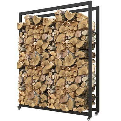 Outsunny Outdoor Firewood Rack with Wheels Heavy Duty Steel Wood Log Storage Stacker for Fireplace, Black 