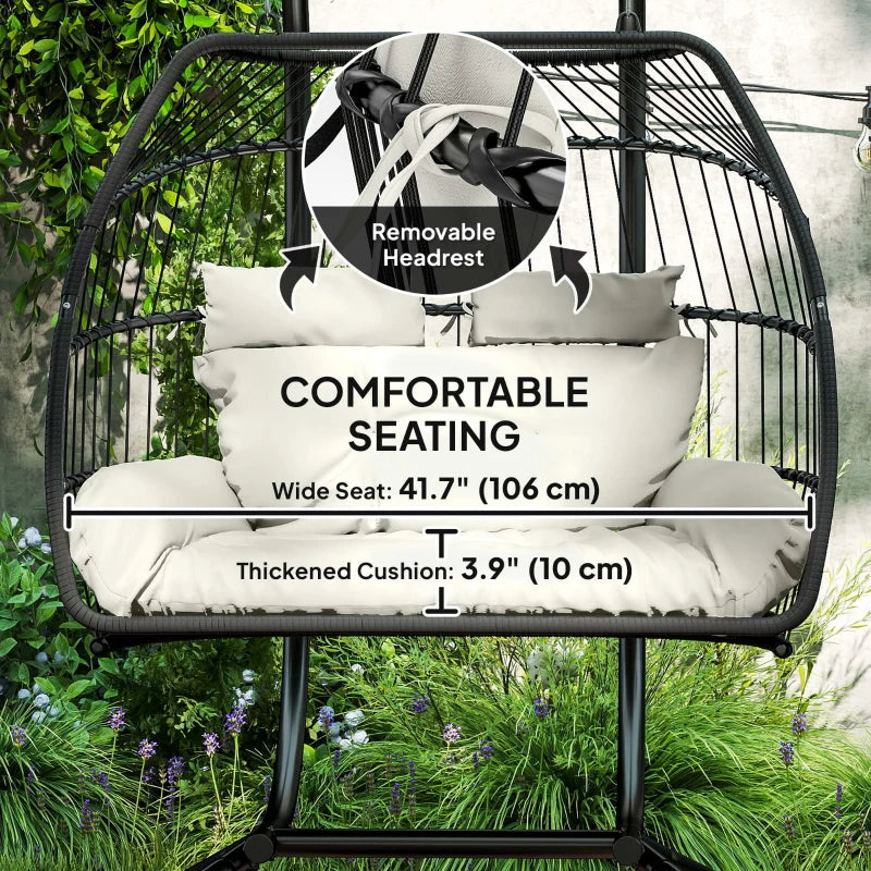 Double Wicker Egg Swing Chair with Stand, Foldable Hanging Egg Chair with UV Resistant Cushion, Headrest, Cream White