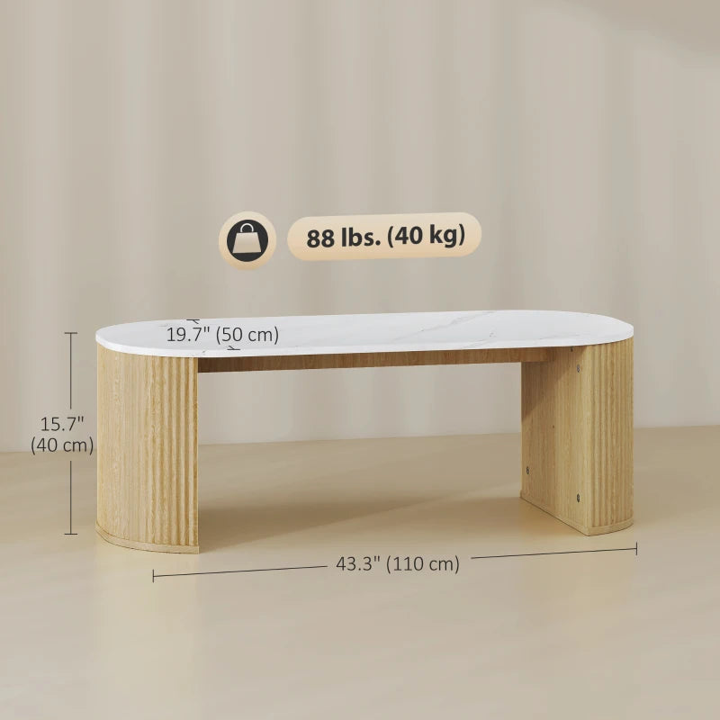 Coffee Table, Modern Marble-Effect Living Room Table with Round Corners and Thicken Legs, Natural Wood