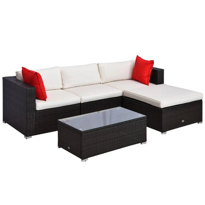 Outsunny 5 Pieces Patio Wicker Patio Furniture Sofa Set with Thick Cushions, Outdoor Modular PE Rattan Sectional Conversation Couch with Glass Top Table, Cream White 