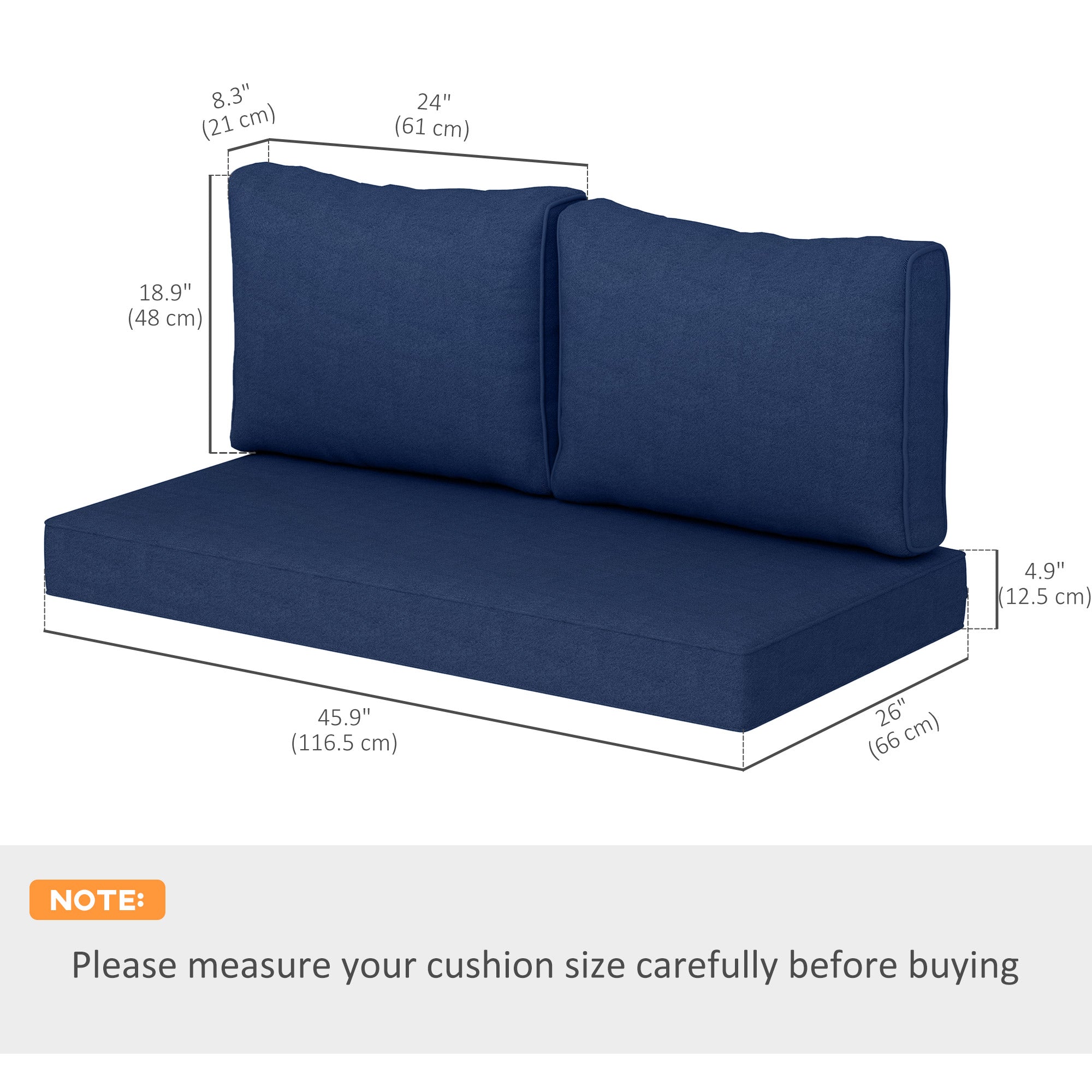 Outsunny 2 Seater Outdoor Seat Cushions with Backrest, Loveseat Double Sofa Outdoor Furniture Cushions, Fade-Resistant Replacement Patio Cushions for Indoor and Outdoor, Navy Blue 