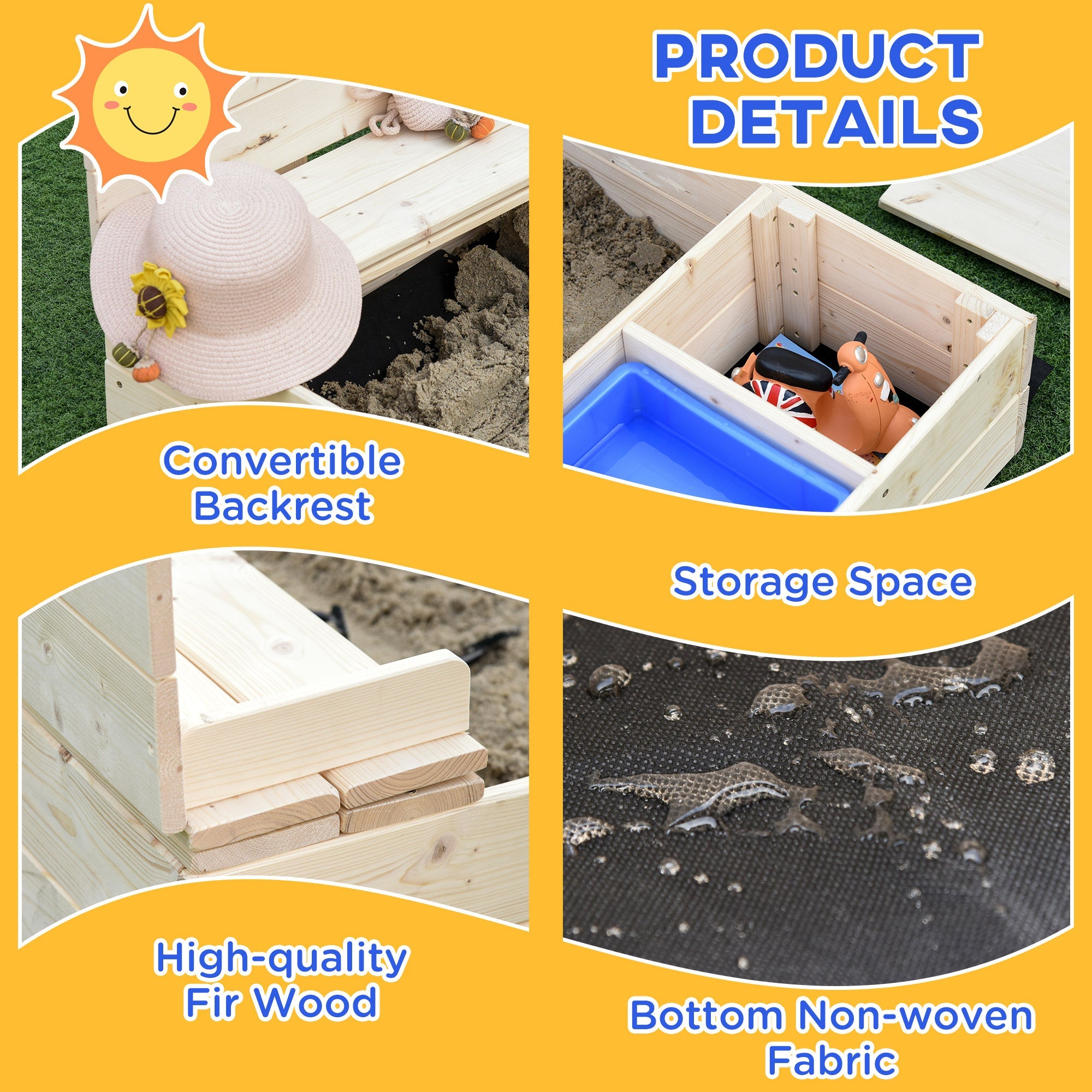 Outsunny Wooden Kids Sandbox with Foldable Bench Seat, 2 Plastic Boxes, Bottom Liner, Storage Space for Garden, Backyard 