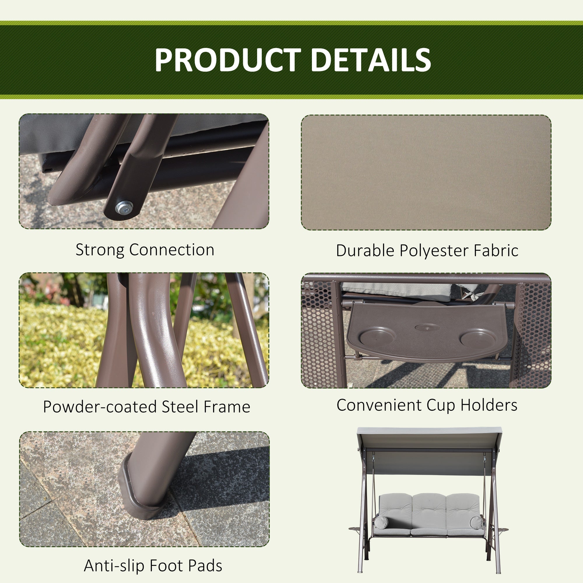 Outsunny Outdoor Patio 3-Person Steel Canopy Cushioned Seat Bench Swing with Included Side Trays & Padded Comfort, Light Grey 