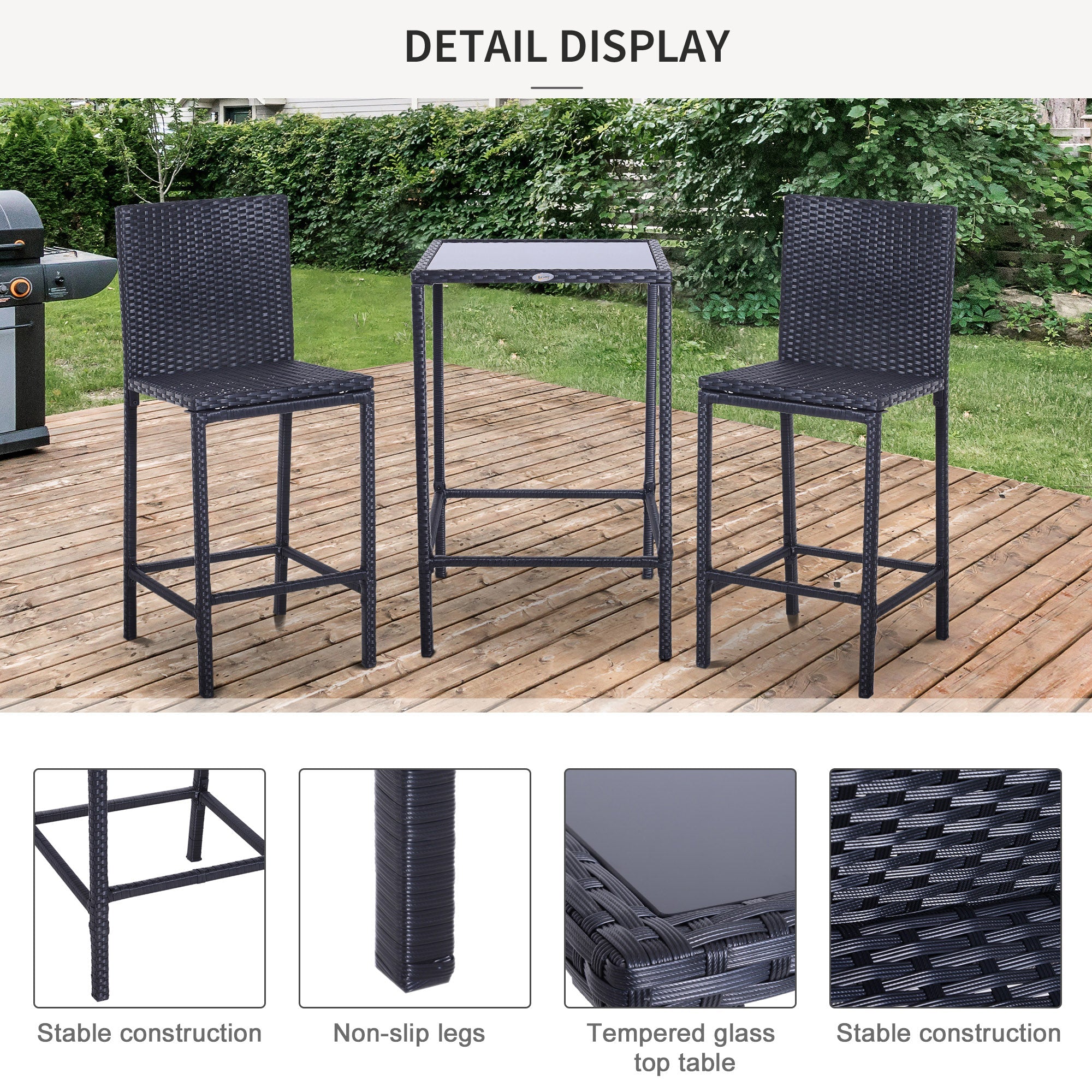 Outsunny 3pc Patio Bar Set Outdoor Wicker Rattan Garden Deck Bistro Barstool Table Furniture Brown 