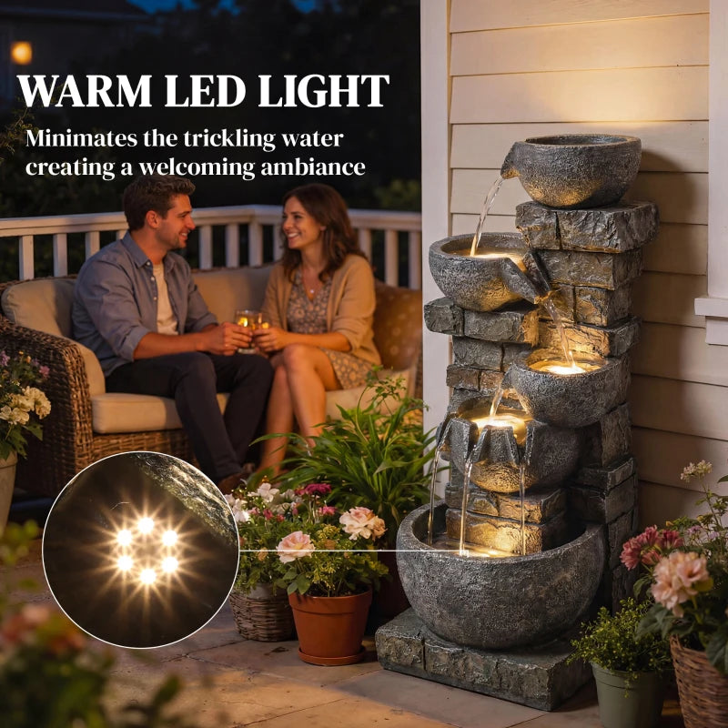 Outdoor 31.5" Tall Water Fountain with LED Lights, 5 Tiers Cascading Water Feature for Garden Patio Home Decor, Grey