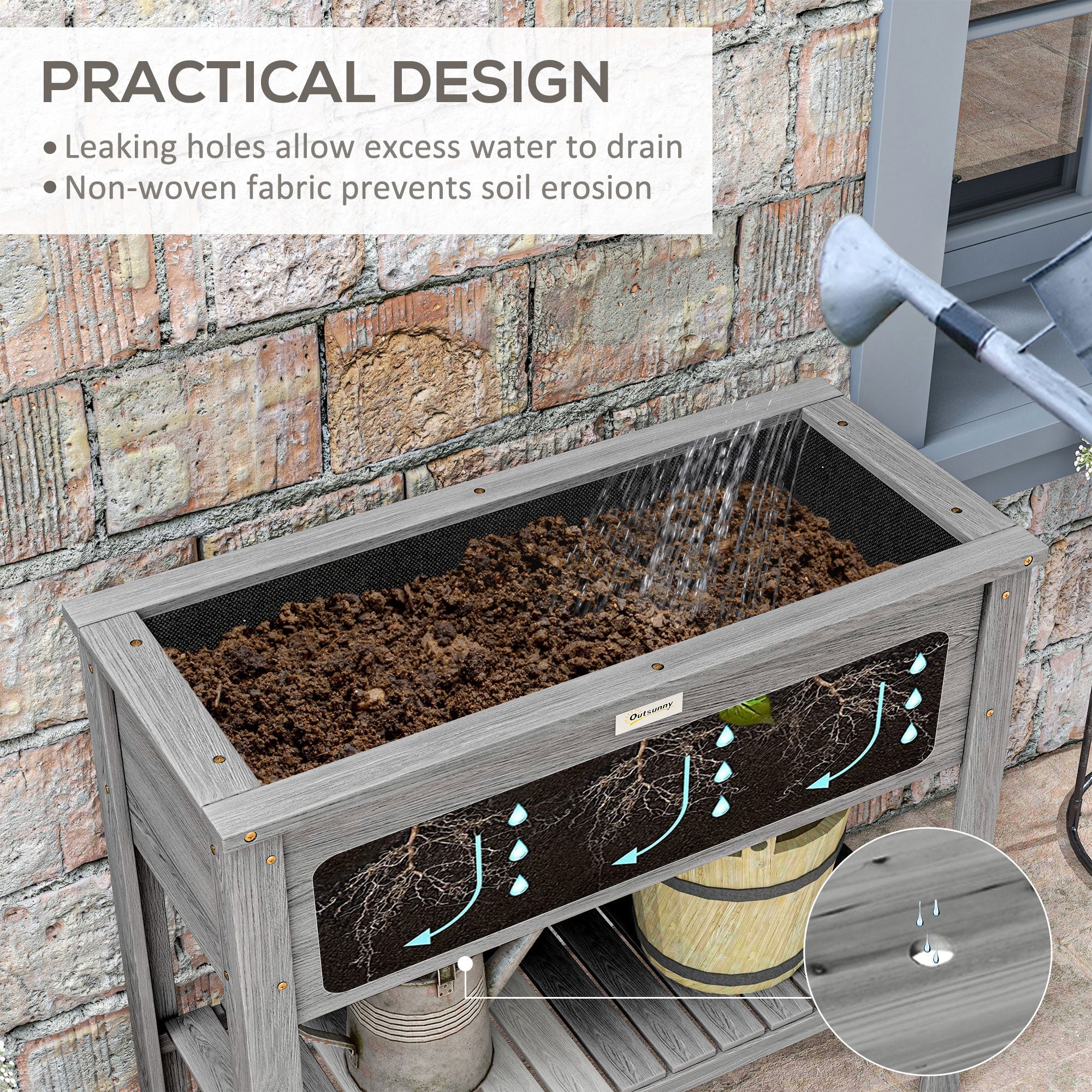 Outsunny Elevated Planter Paradise: Raised Bed Box with Shelf for Flowers, Vegetables, and Planter Box, Drain Holes, 36"x16"x32", Grey 