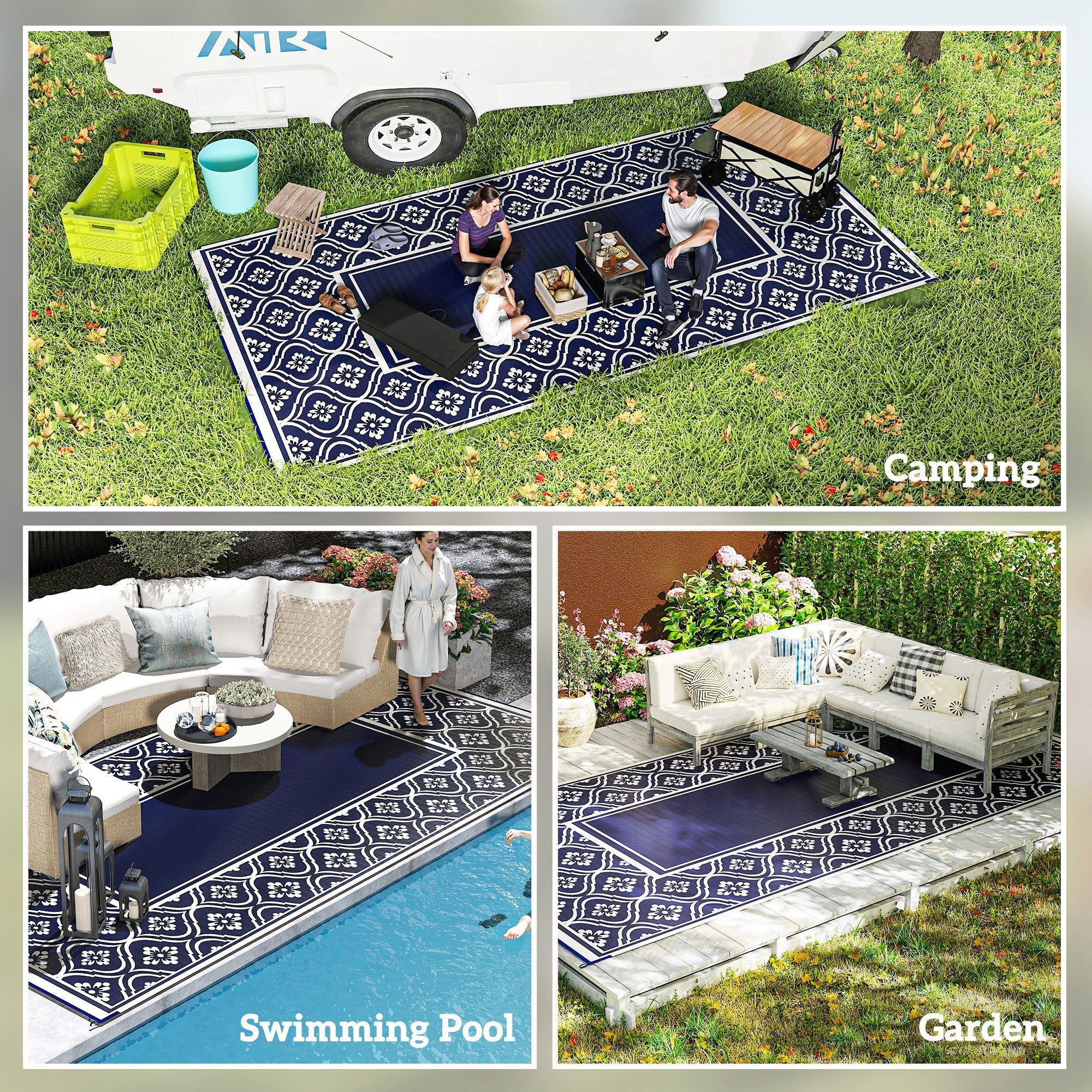 Outsunny 9' x 18' Outdoor RV Rug, Reversible Patio Floor Mat with Carry Bag, Gourd Border, Blue and White 
